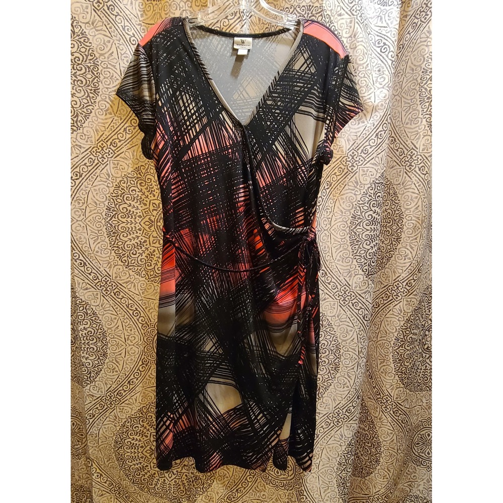 Worthington Faux Wrap Dress Womens Large Black Coral Abstract Stretch Business